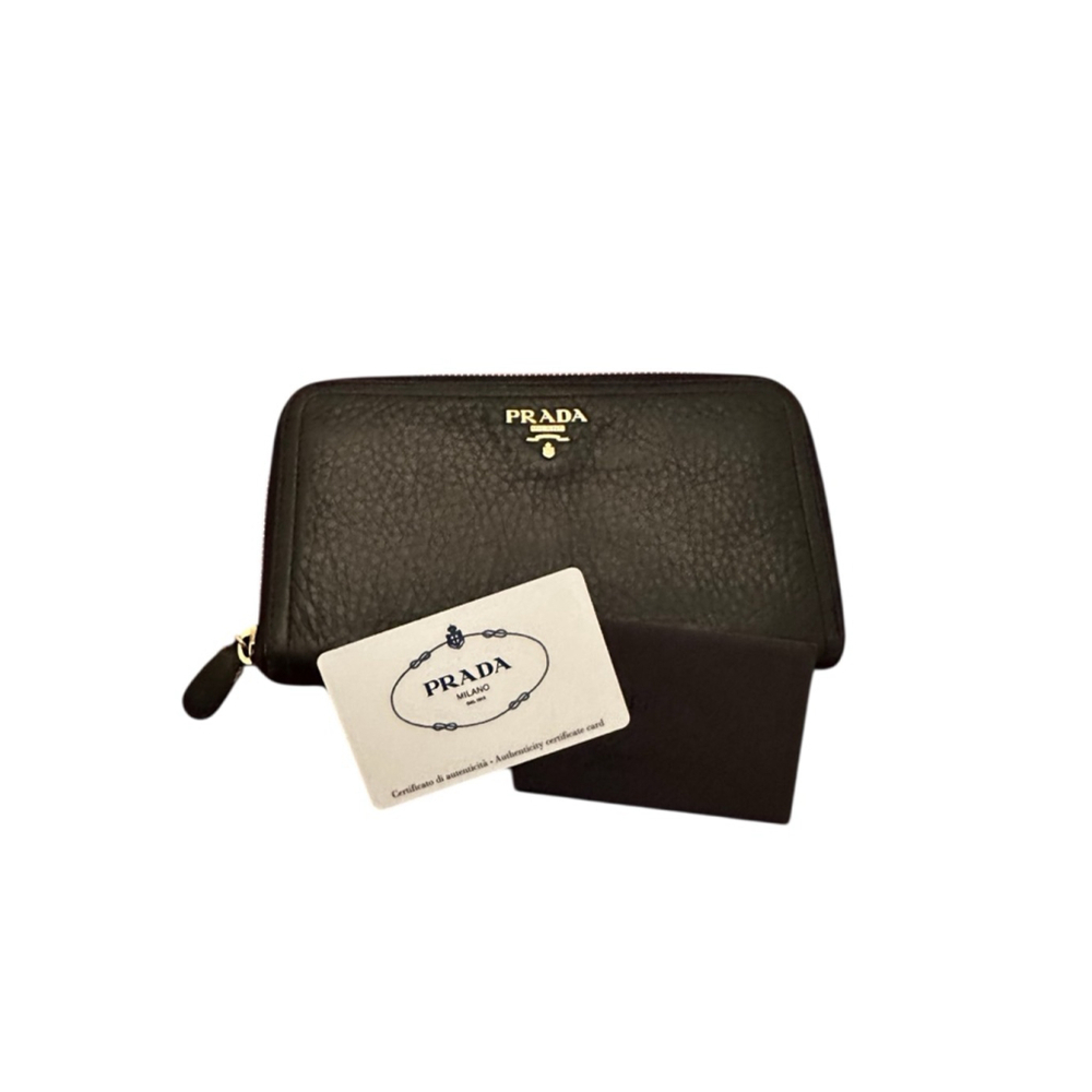 Prada Black Leather Zip-Around Wallet w/ Gold Hardware